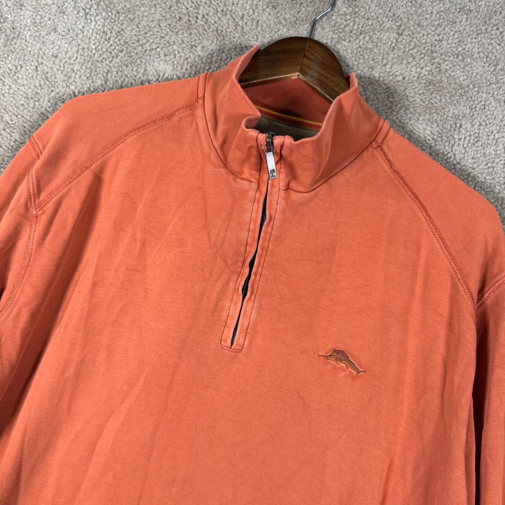 Tommy Bahama Quarter Zip Pullover Mens XL Orange Pima Cotton Marlin Logo Sweter